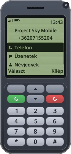 Nyomógombos telefon zöld kijelzővel: Project Sky Mobile, a telefonszám és a menü.