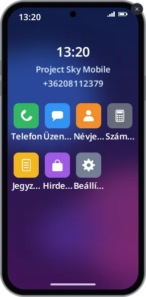 Okostelefon kezdőképernyője: óra, telefonszám, Telefon, Üzenetek, Névjegyek, Számológép, Jegyzetek, Hirdetések és Beállítások.